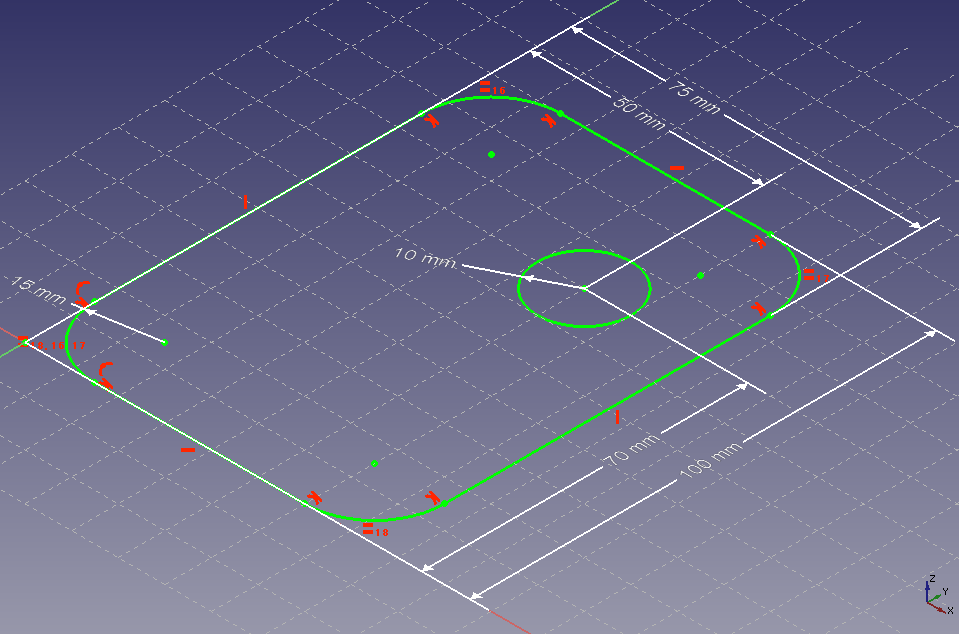 رسم في FreeCAD مع أبعاد وزوايا مدوّرة وثقب دائري